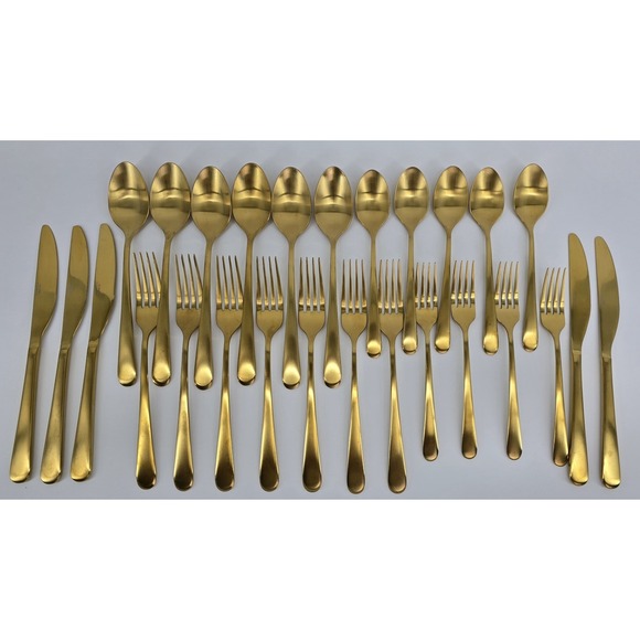 Thyme & Table 27 Piece Royal Stainless Steel Flatware Set Gold Tone Satin Heavy - Picture 1 of 7